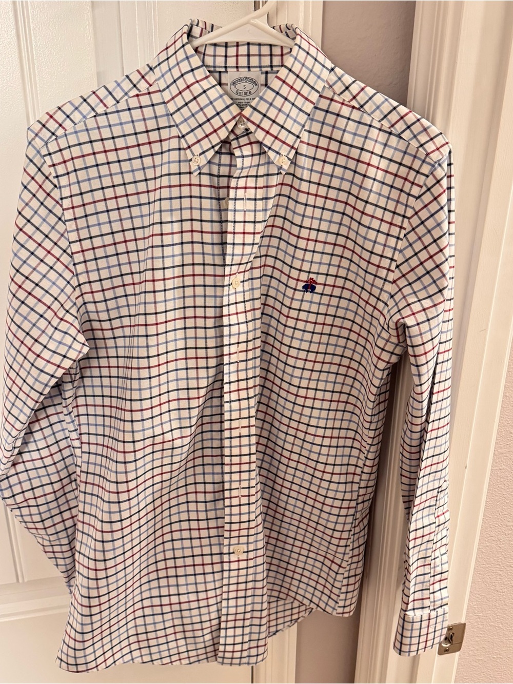 Brooks Brothers White Button-Down Shirt with Blue and Red Windowpane Check